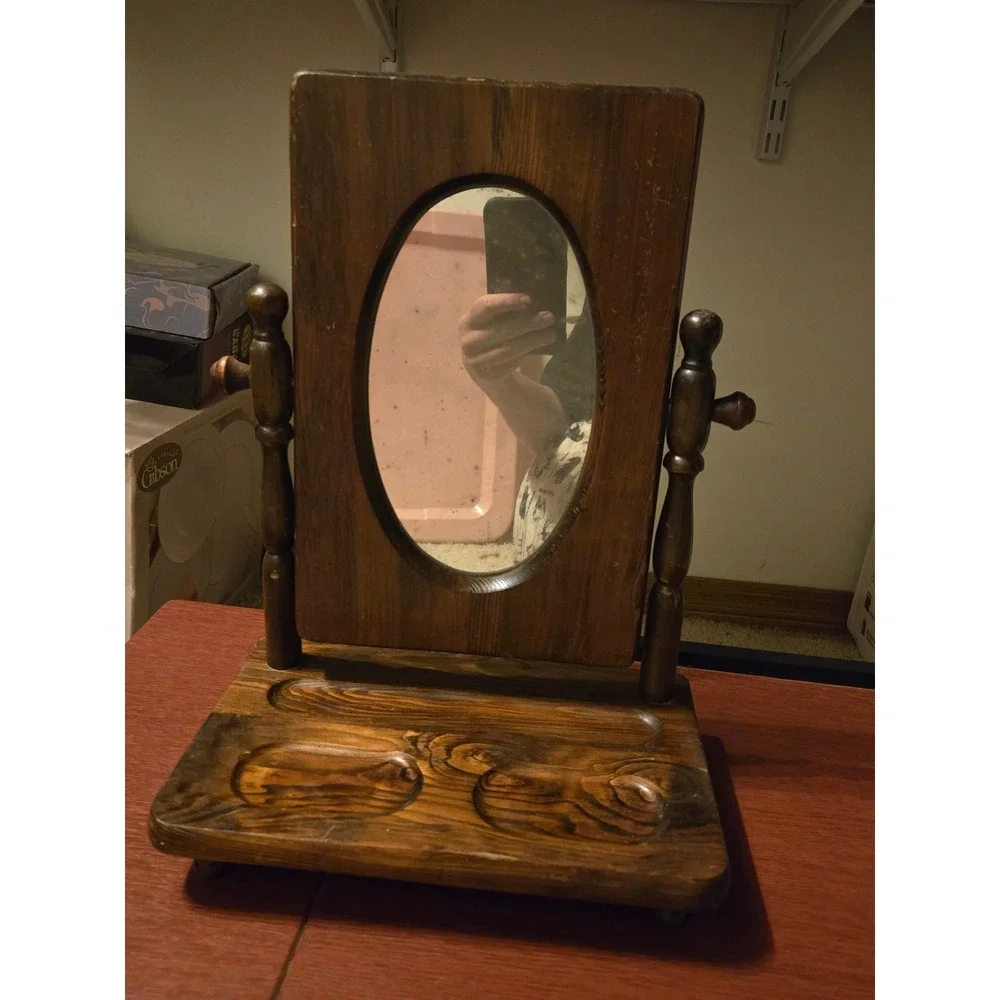 Vintage Wooden Swivel Vanity Mirror‎ with Valet Tray Base Rustic Dressing Table